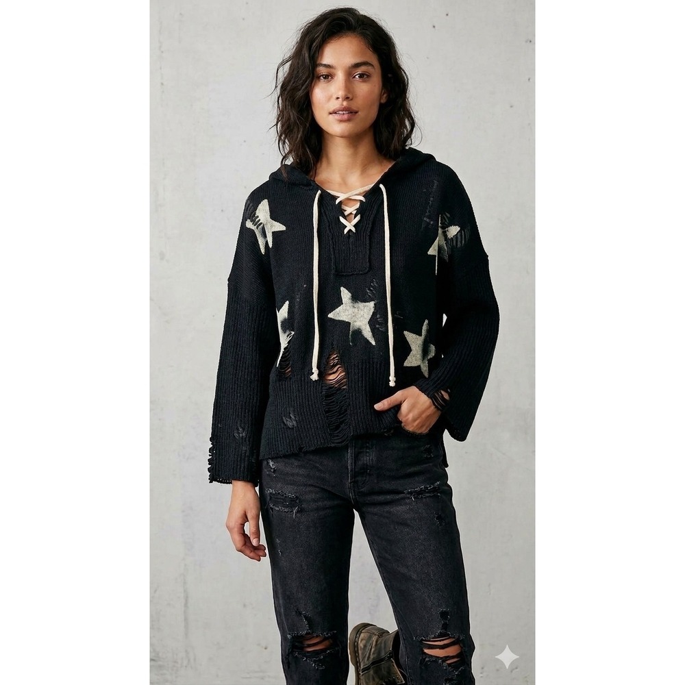 POL Star Print Distressed Lace‎ Up Knit Hoodie Sweater Black Large Women